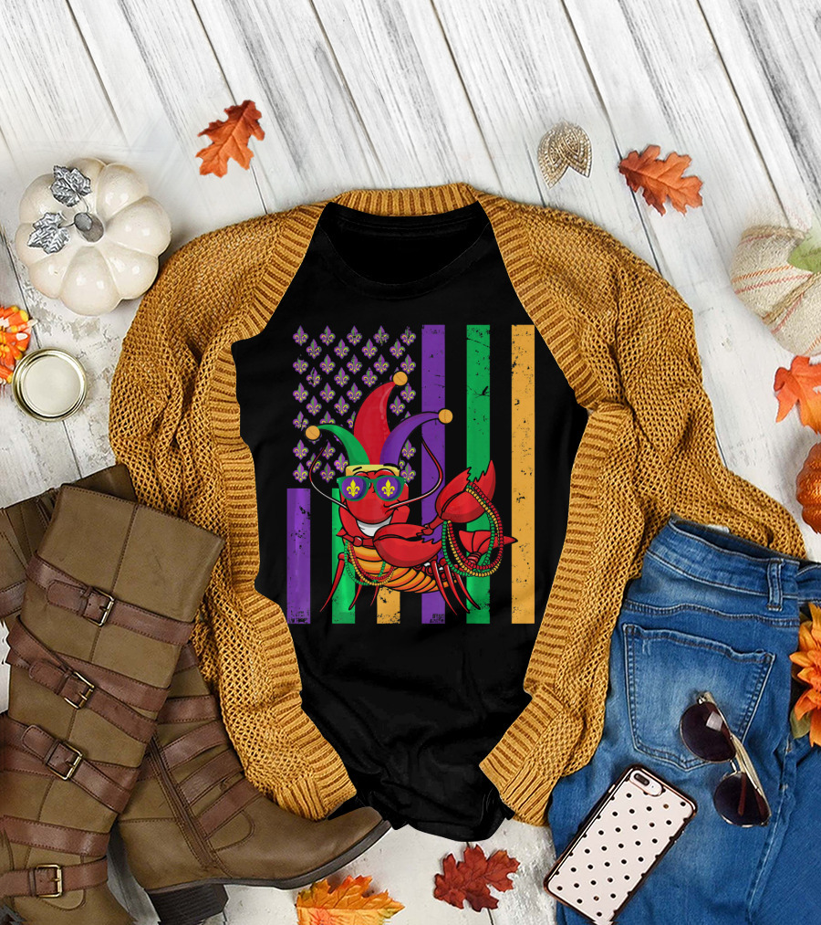 Mardi Gras Crawfish Dabbing Jester Hat Fleur-de-Lis Stripes T-Shirt