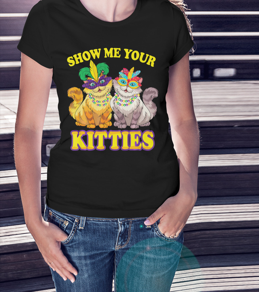 Show Me Your Kitties Mardi Gras Cats With Masks And Beads T-Shirt