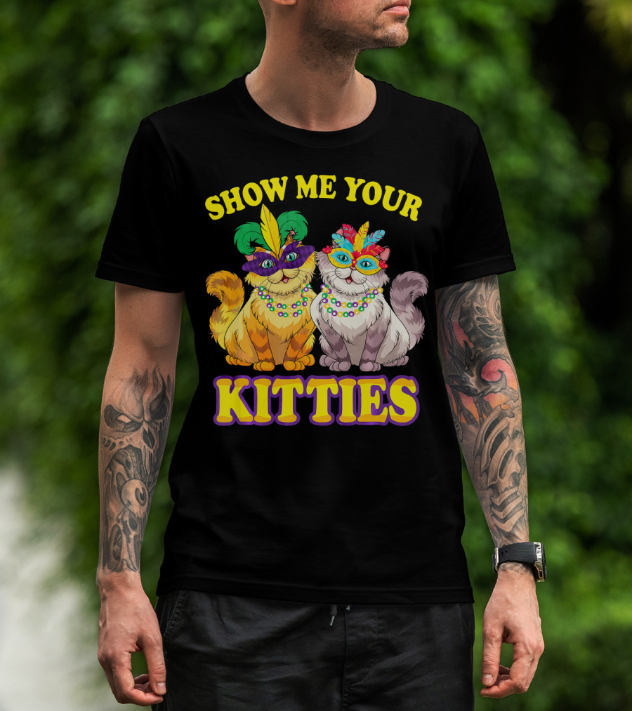 Show Me Your Kitties Mardi Gras Cats With Masks And Beads T-Shirt