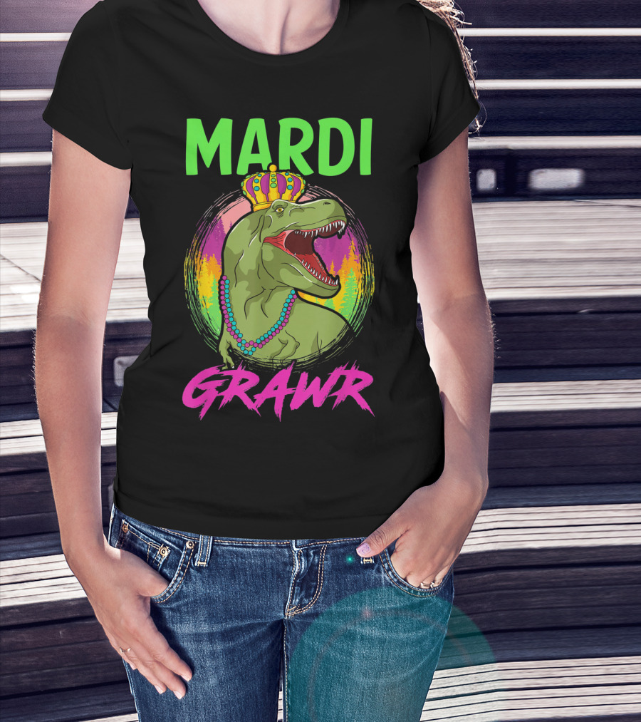 Mardi Grawr Rex Dinosaur In Beads And Crown With Rainbow Sunset T-Shirt