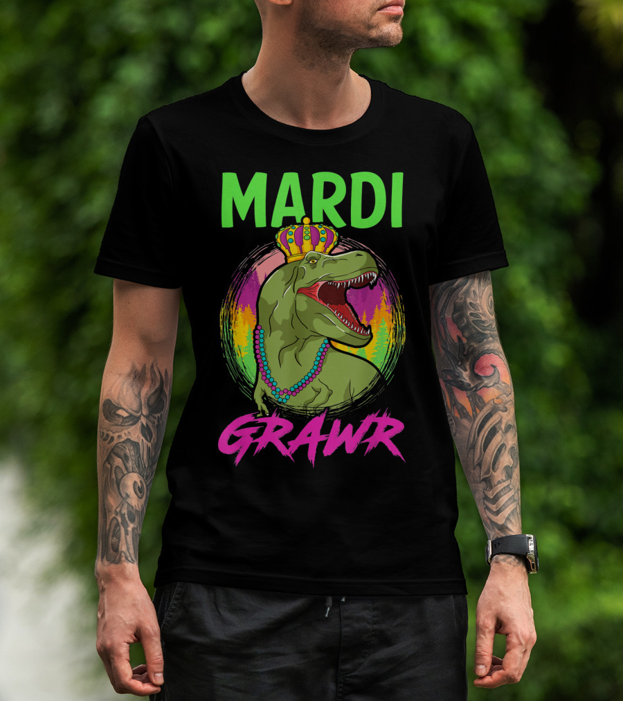 Mardi Grawr Rex Dinosaur In Beads And Crown With Rainbow Sunset T-Shirt