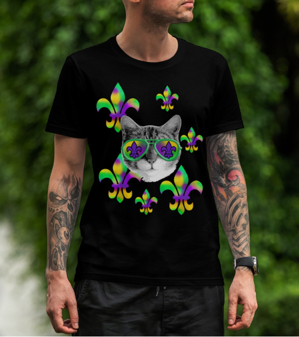 Mardi Gras Cat Wearing Tie Dye Fleur De Lis Sunglasses T-Shirt