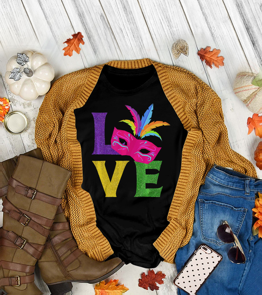 Love Colorful Carnival Feathered Mask Party T-Shirt