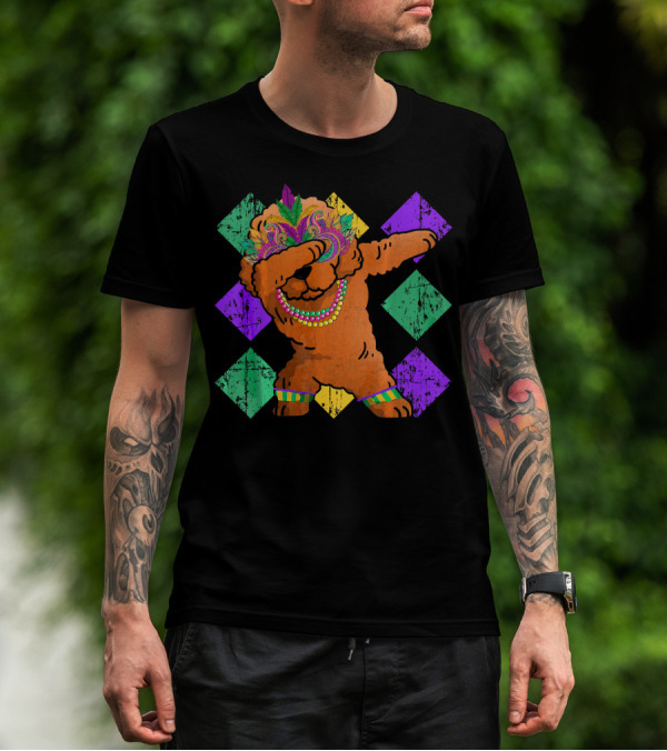 Poodle Dabbing With Colorful Mardi Gras Beads And Feather Mask T-Shirt