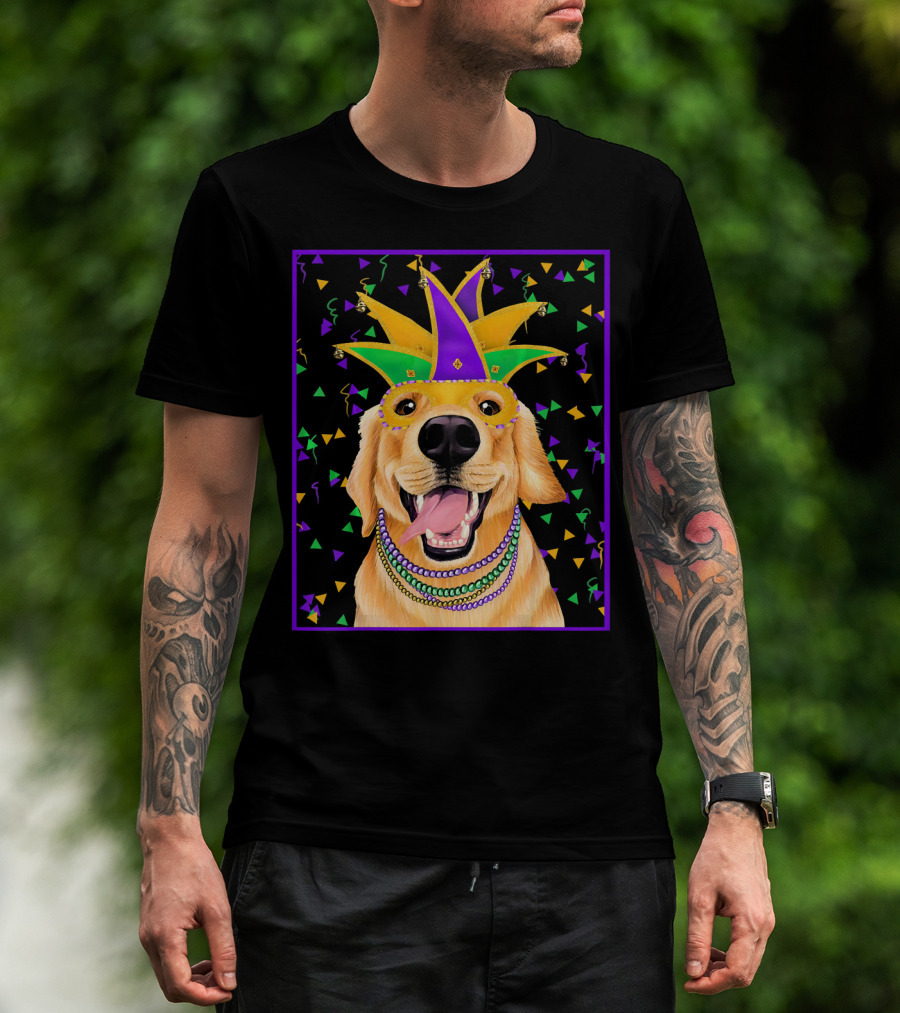 Mardi Gras Golden Retriever Wearing Colorful Jester Mask And Beads T-Shirt