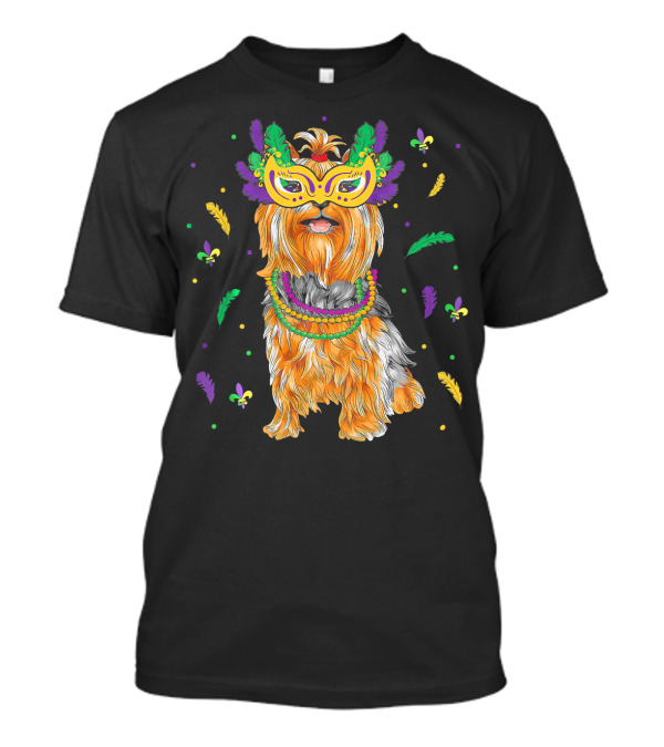Beads Mask Yorkshire Terrier Mardi Gras Fleur De Lis Feathers T-Shirt