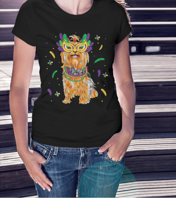 Beads Mask Yorkshire Terrier Mardi Gras Fleur De Lis Feathers T-Shirt