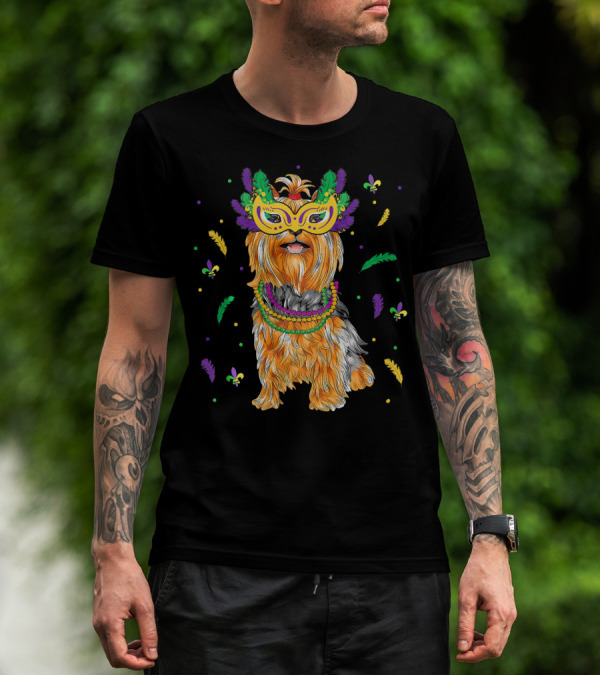 Beads Mask Yorkshire Terrier Mardi Gras Fleur De Lis Feathers T-Shirt