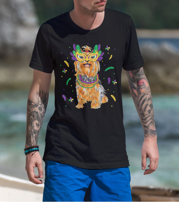 Beads Mask Yorkshire Terrier Mardi Gras Fleur De Lis Feathers T-Shirt