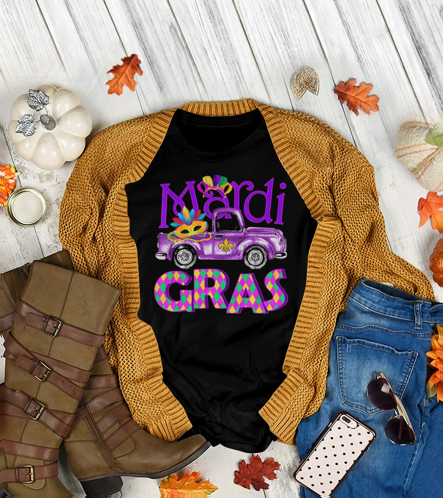 Mardi Gras Truck Mask with Colorful Feathered Costume T-Shirt