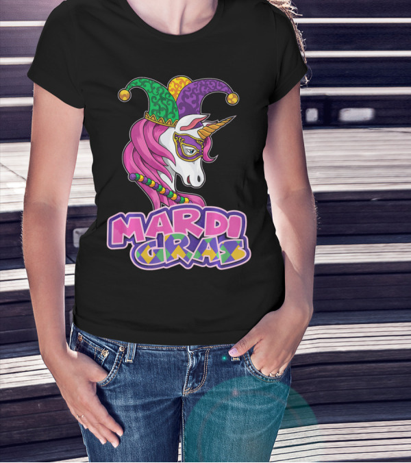 Mardi Gras Unicorn Jester Mask Carnival Lover T-Shirt