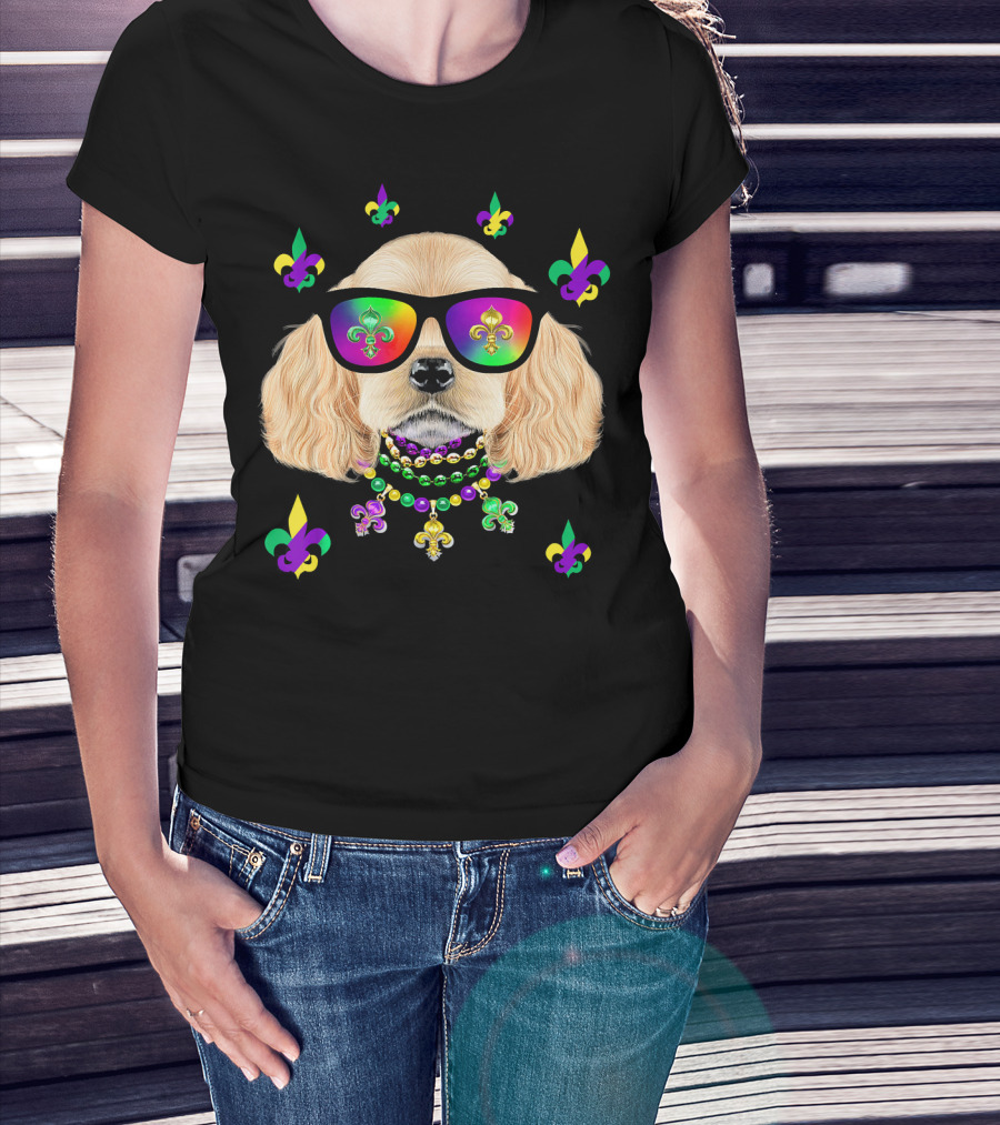 Dog Wearing Mardi Gras Beads And Sunglasses With Fleur-de-Lis T-Shirt