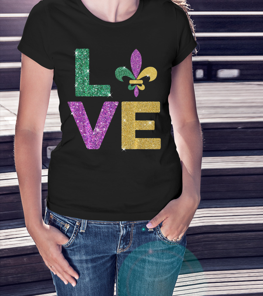 LOVE Mardi Gras Carnival Fleur-de-Lis Glitter T-Shirt