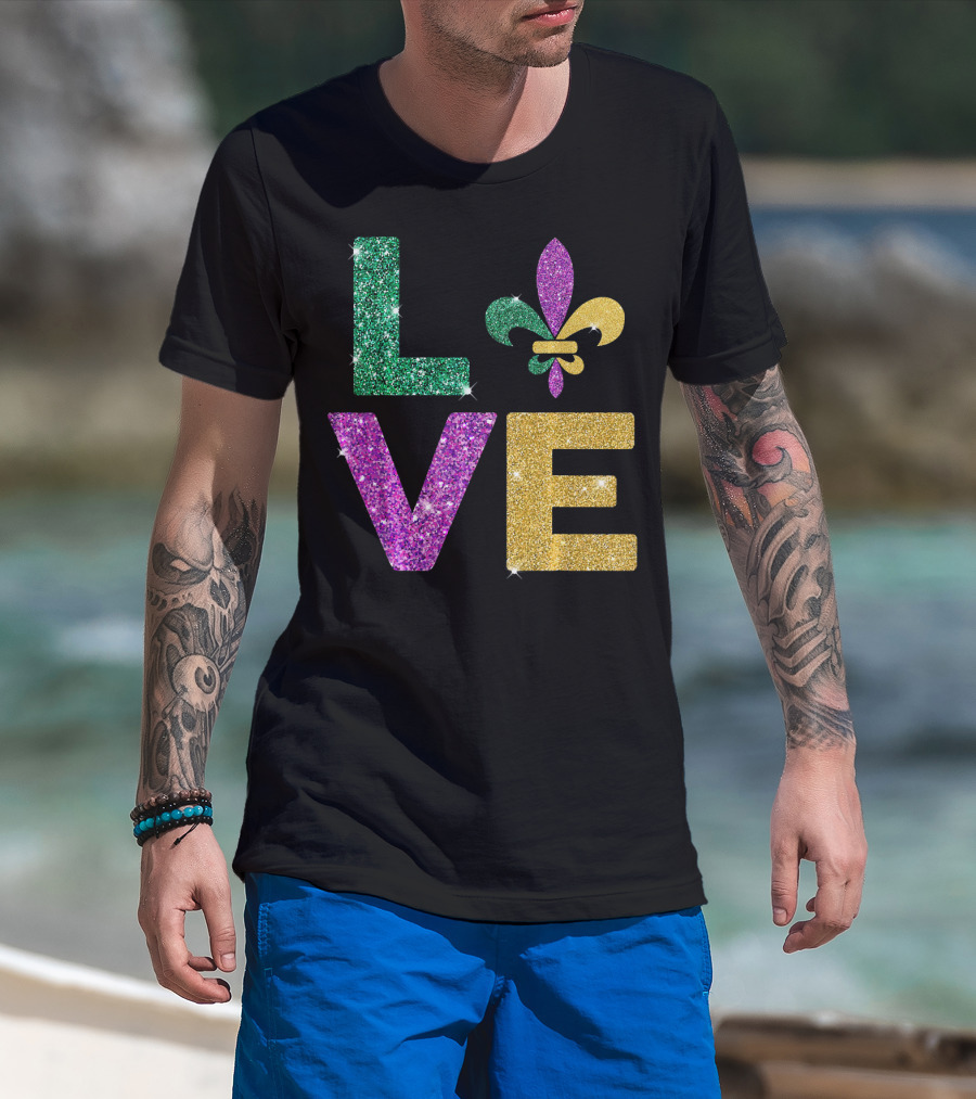 LOVE Mardi Gras Carnival Fleur-de-Lis Glitter T-Shirt