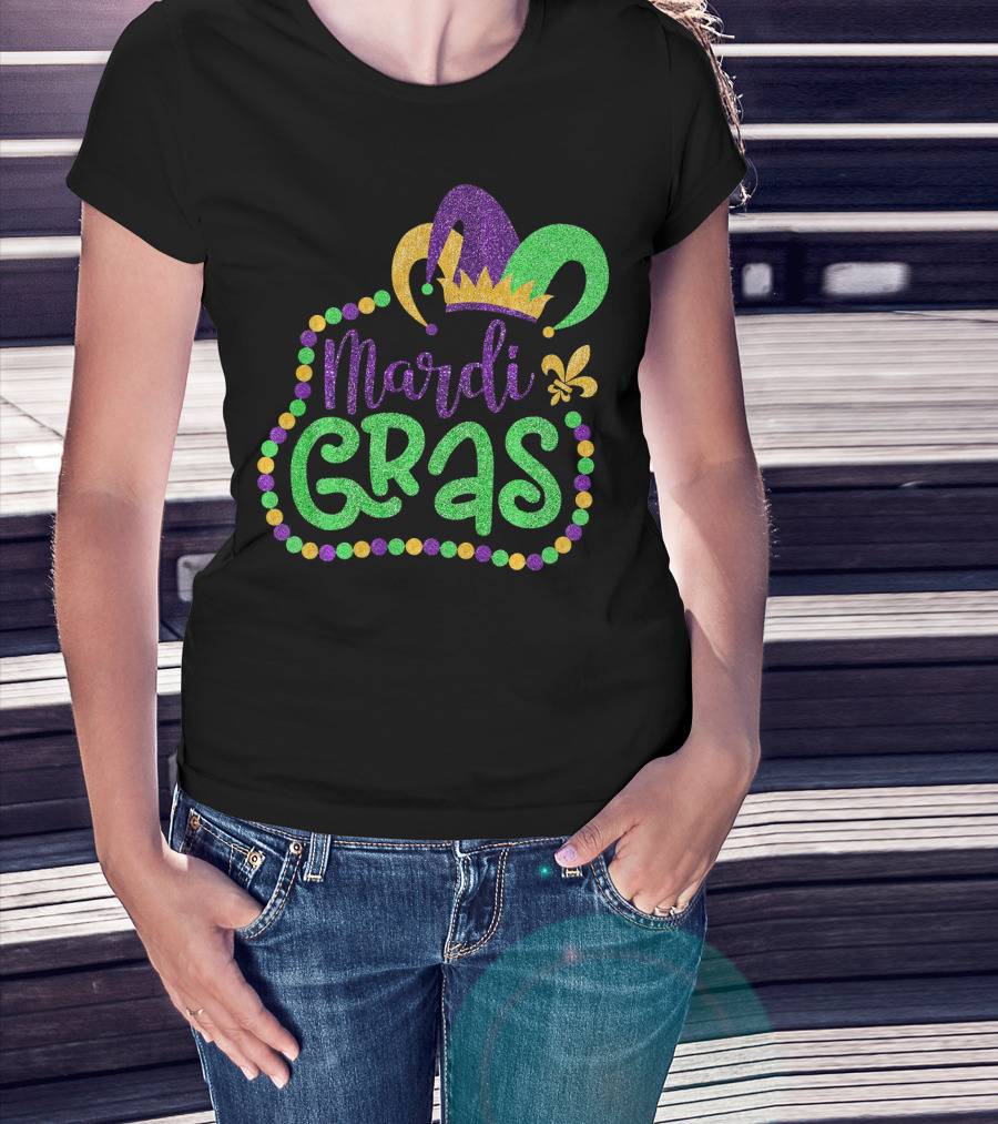 Mardi Gras Glitter Jester Hat Fleur De Lis T-Shirt