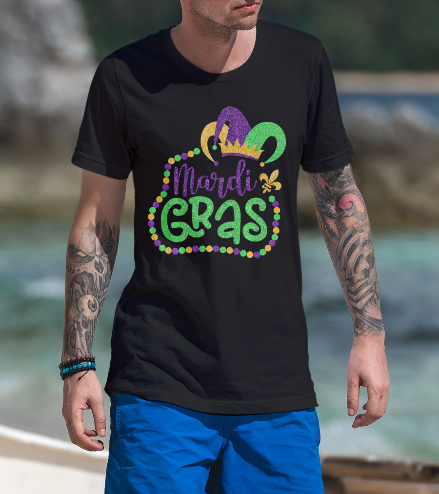 Mardi Gras Glitter Jester Hat Fleur De Lis T-Shirt