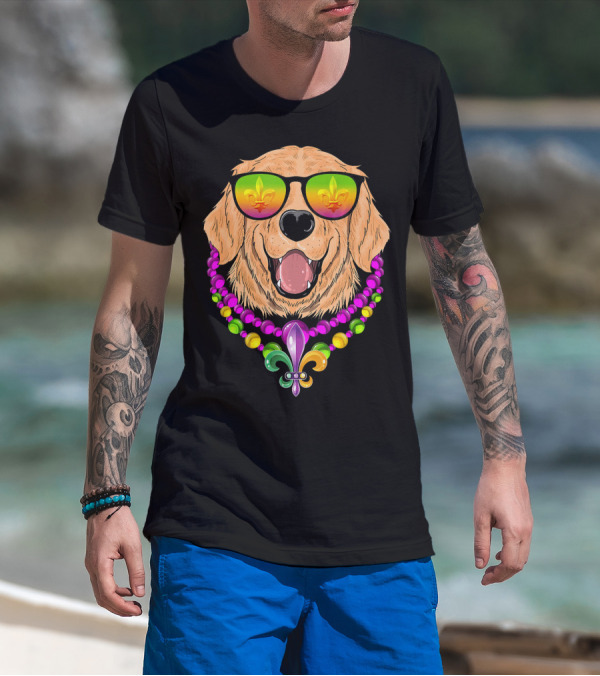 Golden Retriever With Fleur-de-Lis Beads And Sunglasses Mardi Gras T-Shirt