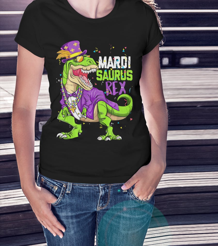 Mardi Saurus Rex Dinosaur Mardi Gras Confetti Fleur-de-lis Beads Hat T-Shirt