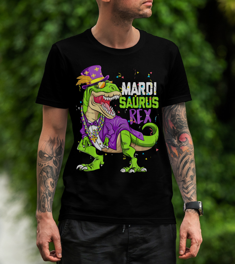 Mardi Saurus Rex Dinosaur Mardi Gras Confetti Fleur-de-lis Beads Hat T-Shirt
