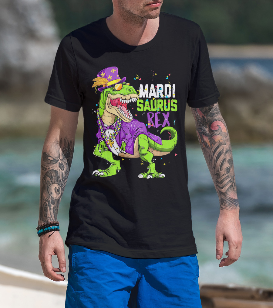 Mardi Saurus Rex Dinosaur Mardi Gras Confetti Fleur-de-lis Beads Hat T-Shirt