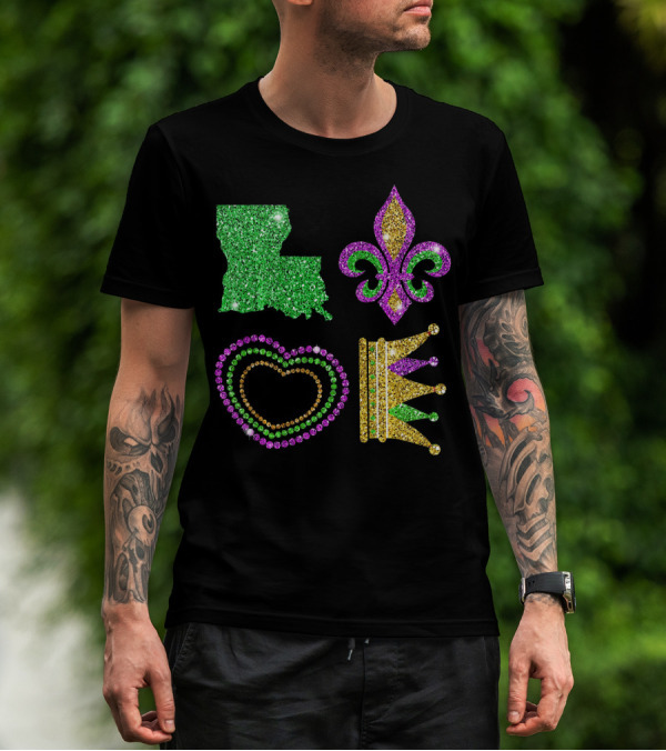 Love Mardi Gras Funny New Orleans Mardi Louisiana Glitter Fleur-de-Lis Heart Crown T-Shirt