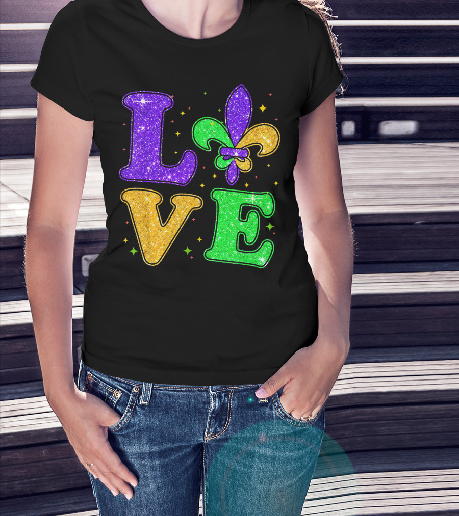 Love Mardi Gras Fleur De Lis Glitter T-Shirt