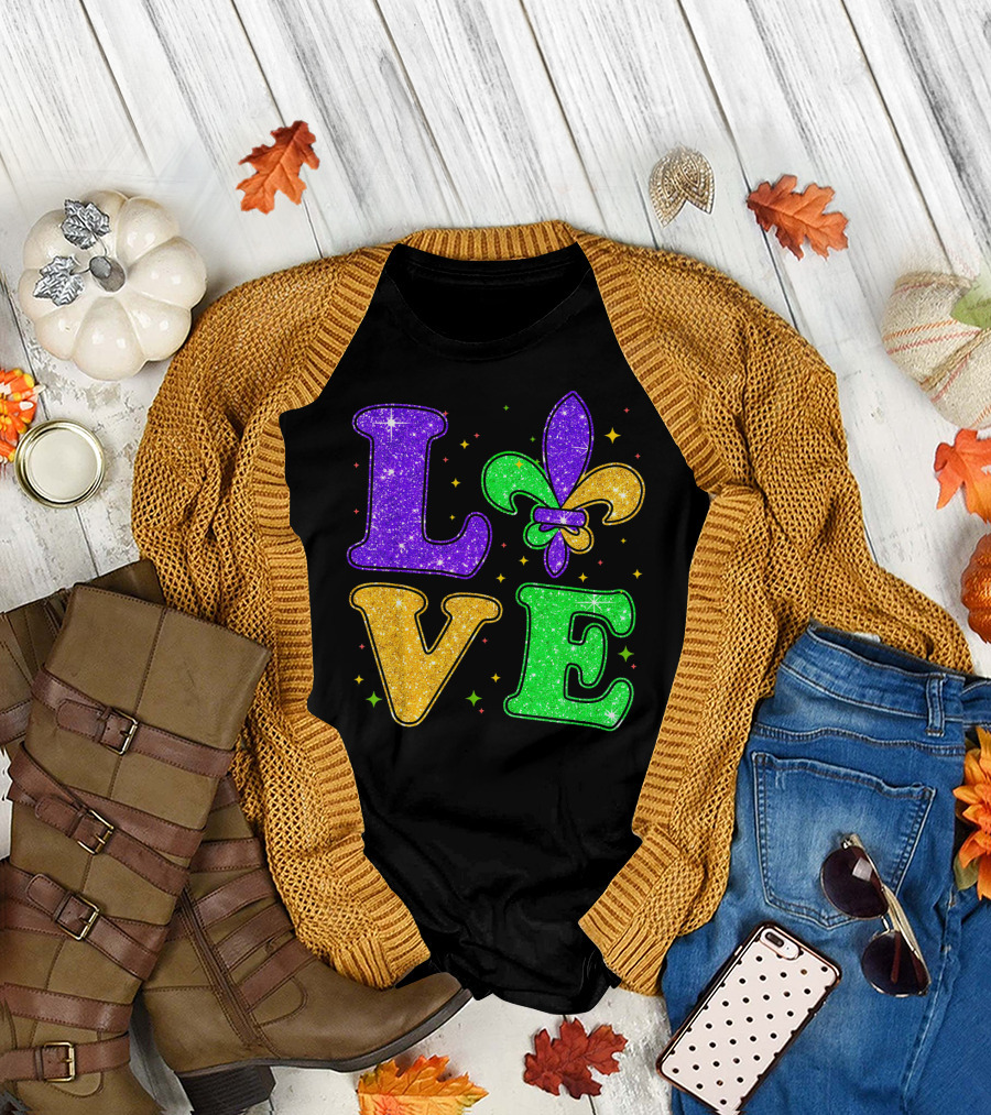 Love Mardi Gras Fleur De Lis Glitter T-Shirt