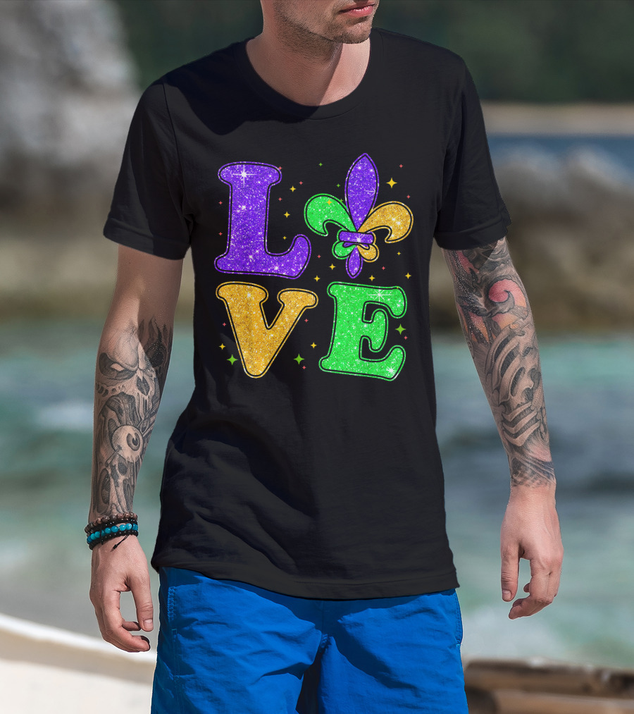 Love Mardi Gras Fleur De Lis Glitter T-Shirt