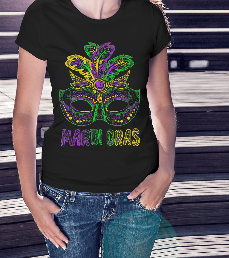 Mardi Gras Mask With Colorful Feather T-Shirt