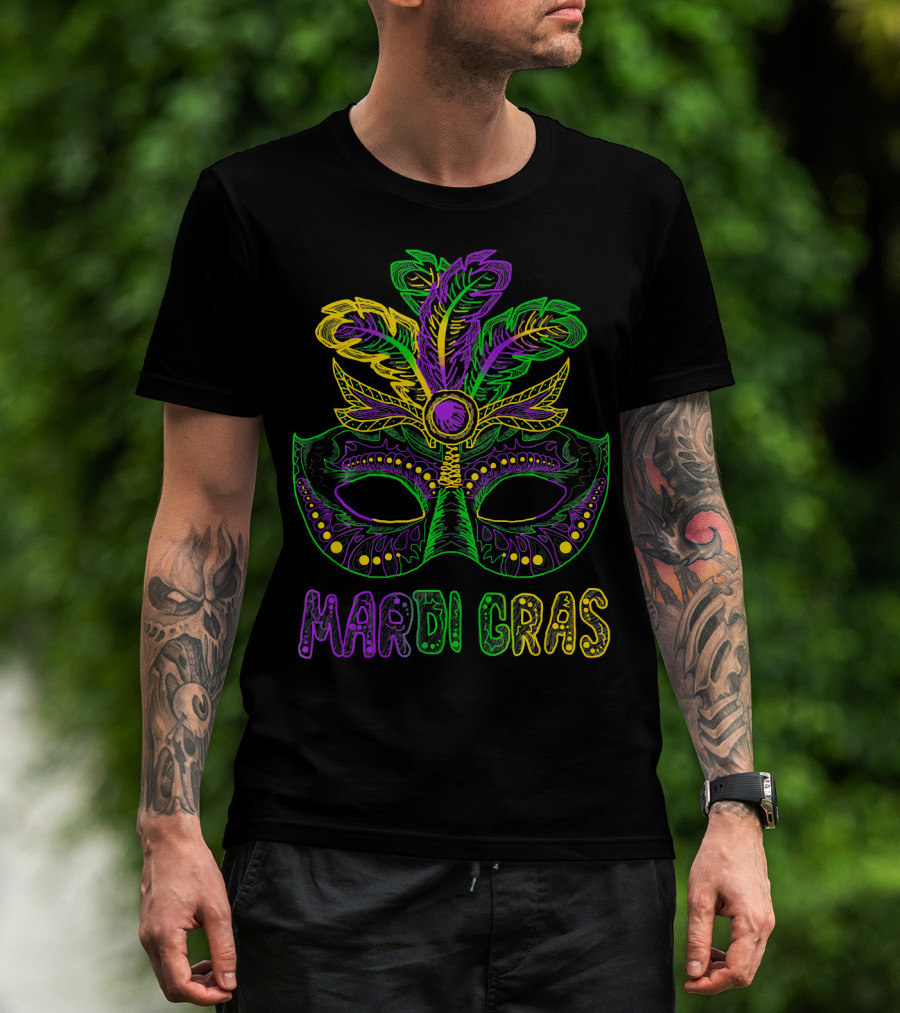 Mardi Gras Mask With Colorful Feather T-Shirt