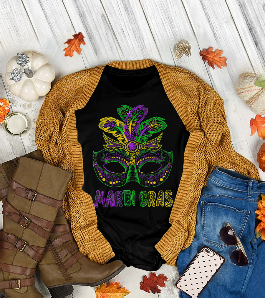 Mardi Gras Mask With Colorful Feather T-Shirt