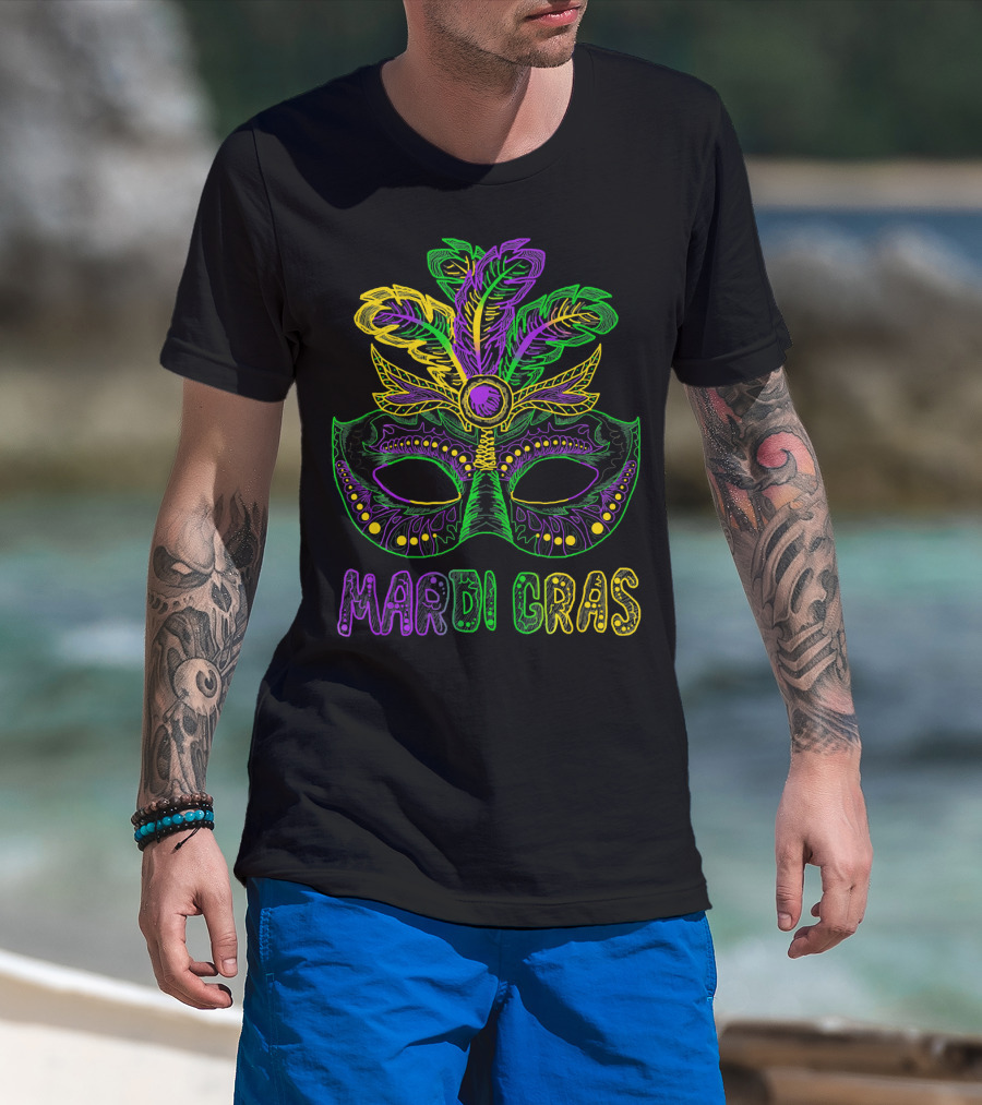 Mardi Gras Mask With Colorful Feather T-Shirt