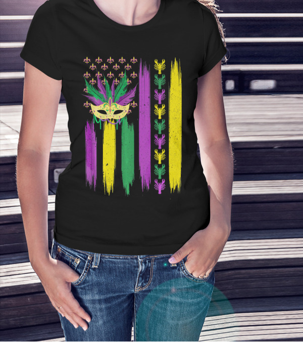 Crawfish Mask Mardi Gras Fleur-de-Lis American Flag Colors T-Shirt