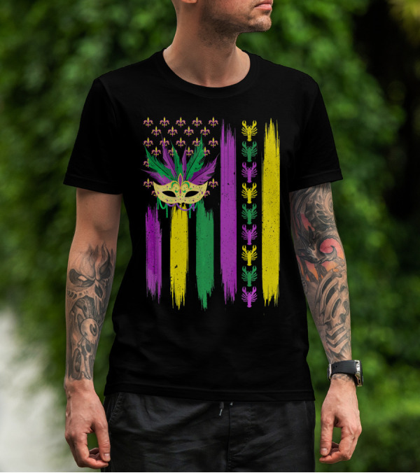 Crawfish Mask Mardi Gras Fleur-de-Lis American Flag Colors T-Shirt
