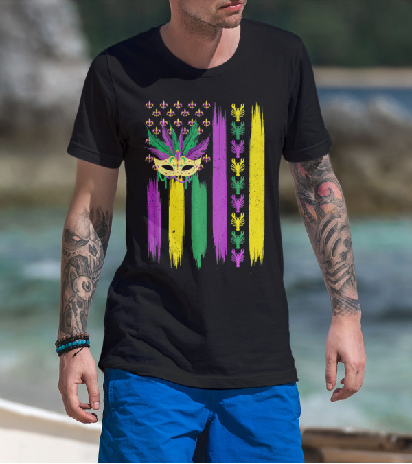 Crawfish Mask Mardi Gras Fleur-de-Lis American Flag Colors T-Shirt