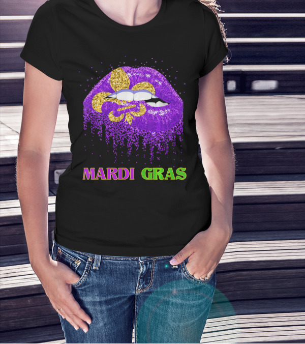 Mardi Gras Costume Funny Lips Glitter Fleur-de-lis T-Shirt