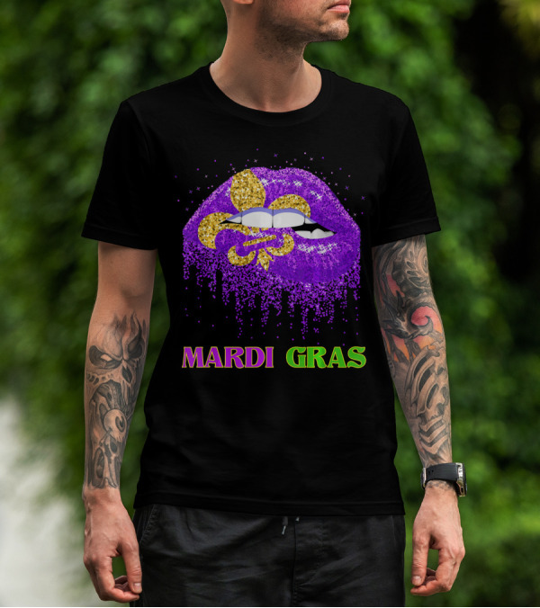 Mardi Gras Costume Funny Lips Glitter Fleur-de-lis T-Shirt