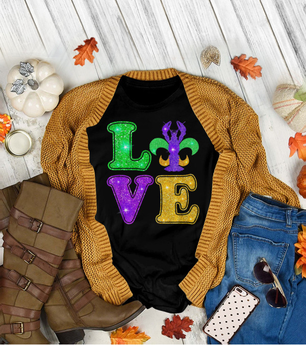 Mardi Gras Love Glitter Fleur De Lis Crawfish T-Shirt