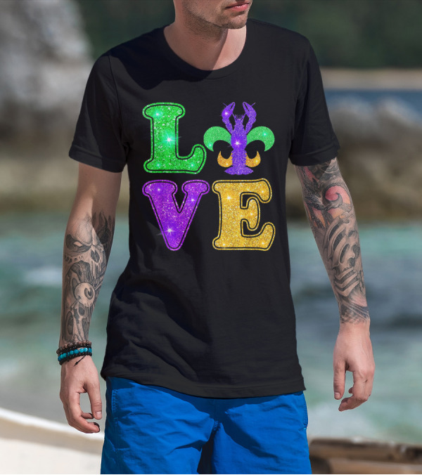 Mardi Gras Love Glitter Fleur De Lis Crawfish T-Shirt
