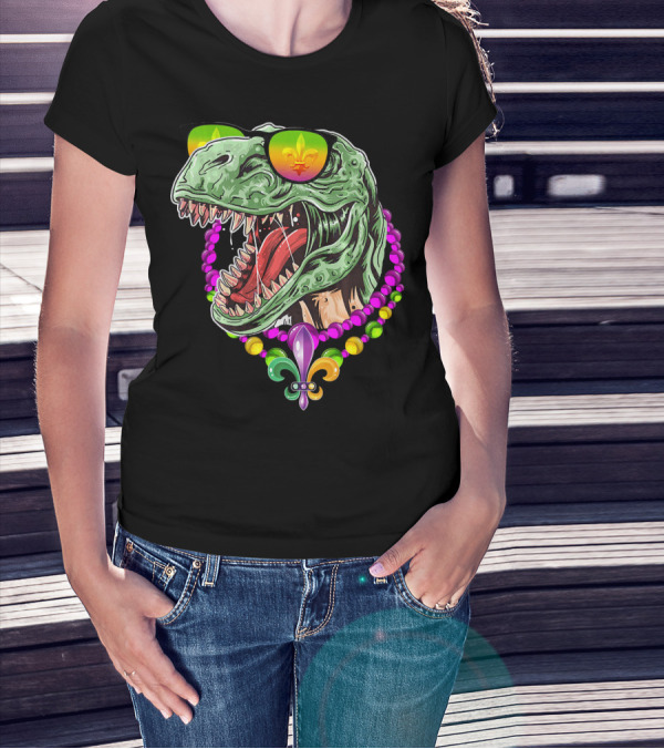 Dinosaur Rex Mardi Gras Beads With Fleur-de-Lis And Sunglasses T-Shirt