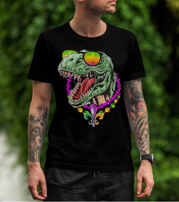 Dinosaur Rex Mardi Gras Beads With Fleur-de-Lis And Sunglasses T-Shirt