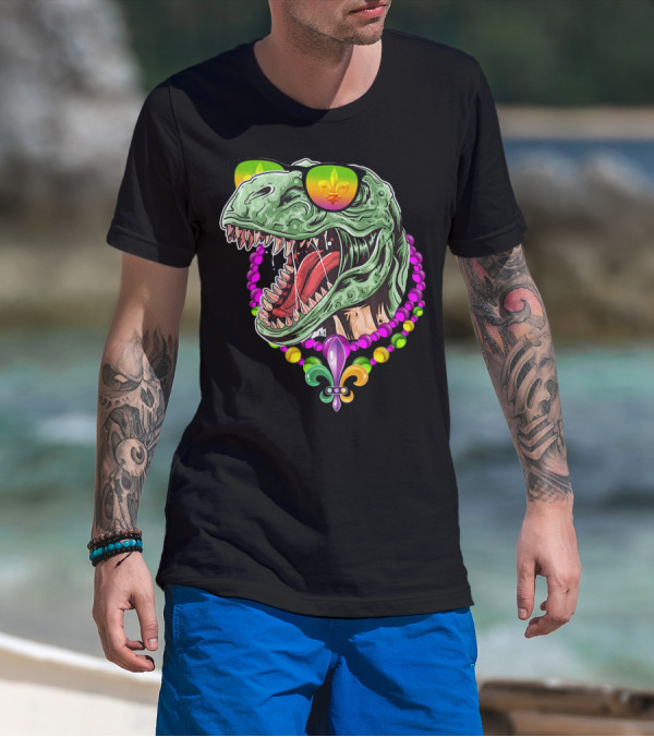 Dinosaur Rex Mardi Gras Beads With Fleur-de-Lis And Sunglasses T-Shirt