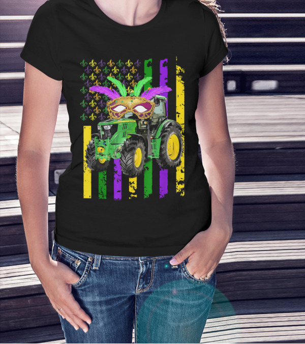 Mardi Gras Mask Tractor With Fleur-de-Lis And American Flag Colors T-Shirt