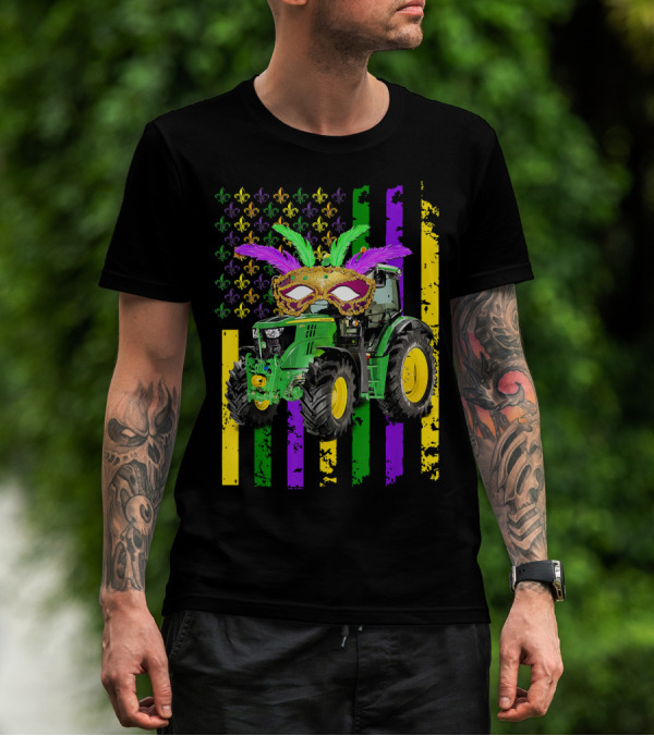 Mardi Gras Mask Tractor With Fleur-de-Lis And American Flag Colors T-Shirt