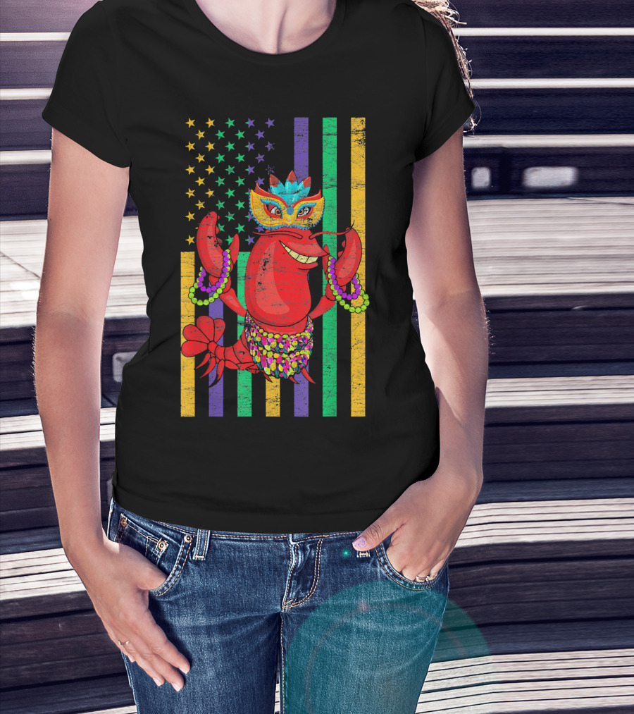Funny Mardi Gras Crawfish In Bead Jester Hat With Colorful Star Stripes T-Shirt