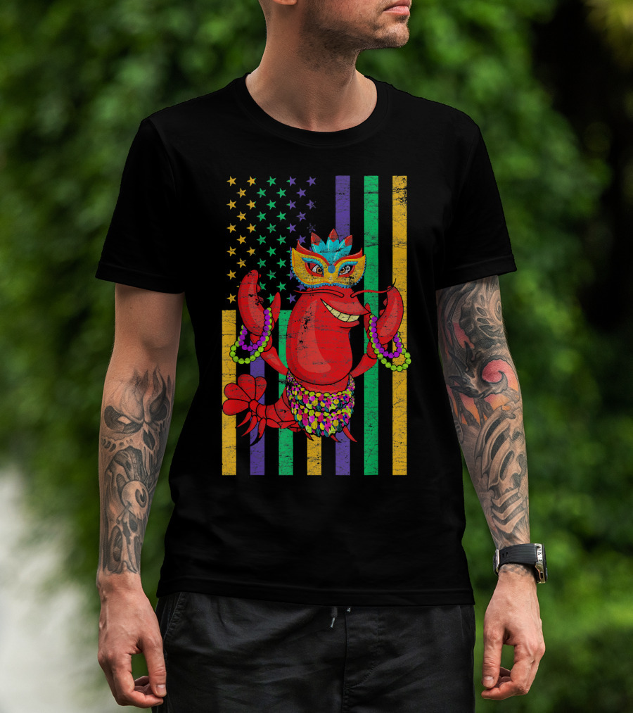 Funny Mardi Gras Crawfish In Bead Jester Hat With Colorful Star Stripes T-Shirt