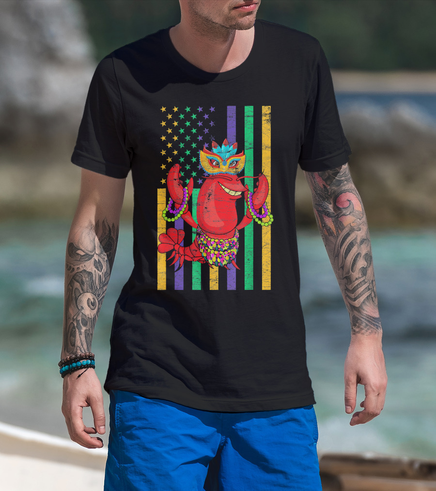 Funny Mardi Gras Crawfish In Bead Jester Hat With Colorful Star Stripes T-Shirt