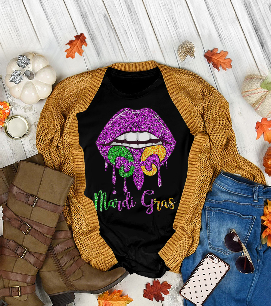 Mardi Gras Lip Biting Fleur De Lis Diamond Shining Co T-Shirt