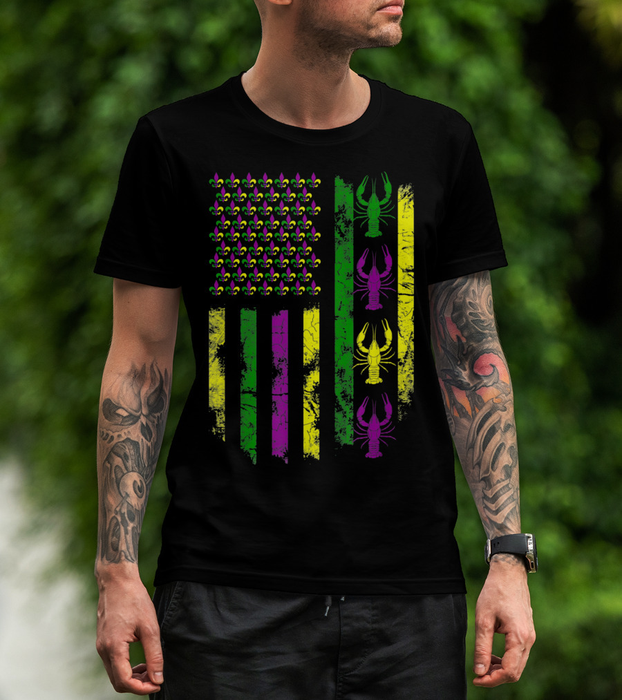 Mardi Gras Fleur-de-Lis Crawfish Flag In Purple Green Gold T-Shirt