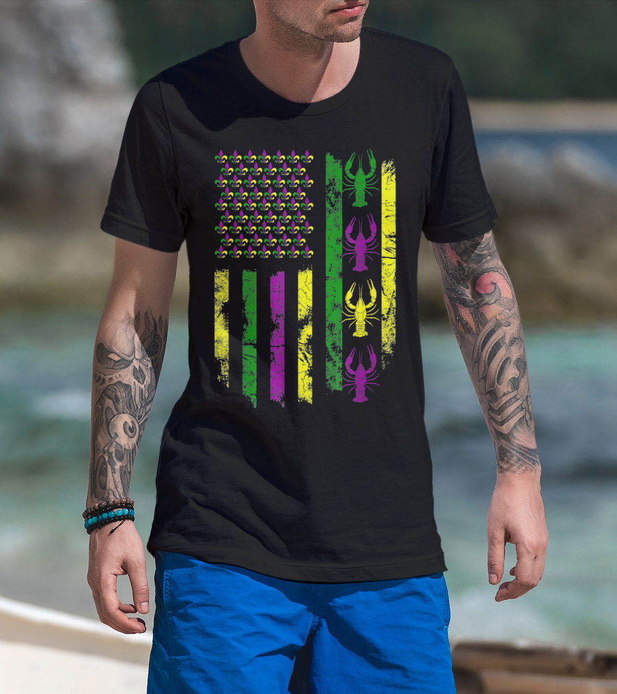 Mardi Gras Fleur-de-Lis Crawfish Flag In Purple Green Gold T-Shirt